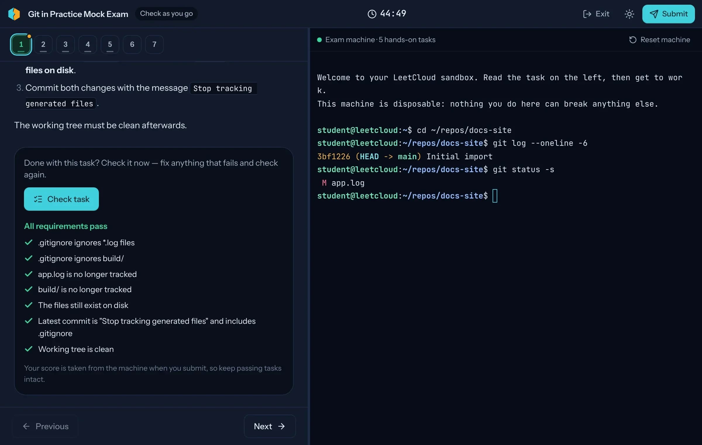 A BrokenCluster mock exam: task navigator, a checked task with every requirement passing, and the shared exam machine
