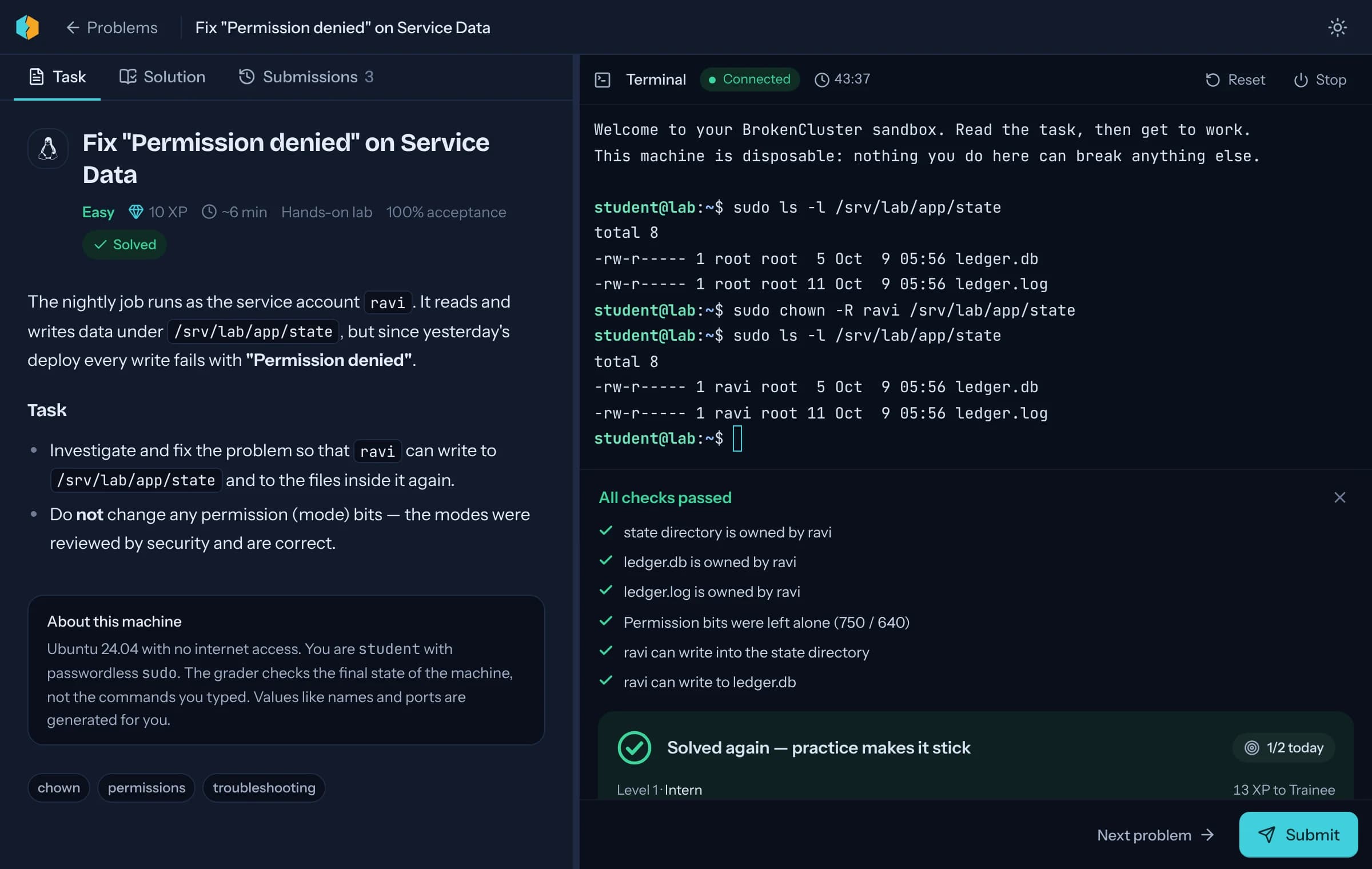 A BrokenCluster lab: the task on the left, a real terminal on the right, every check passed