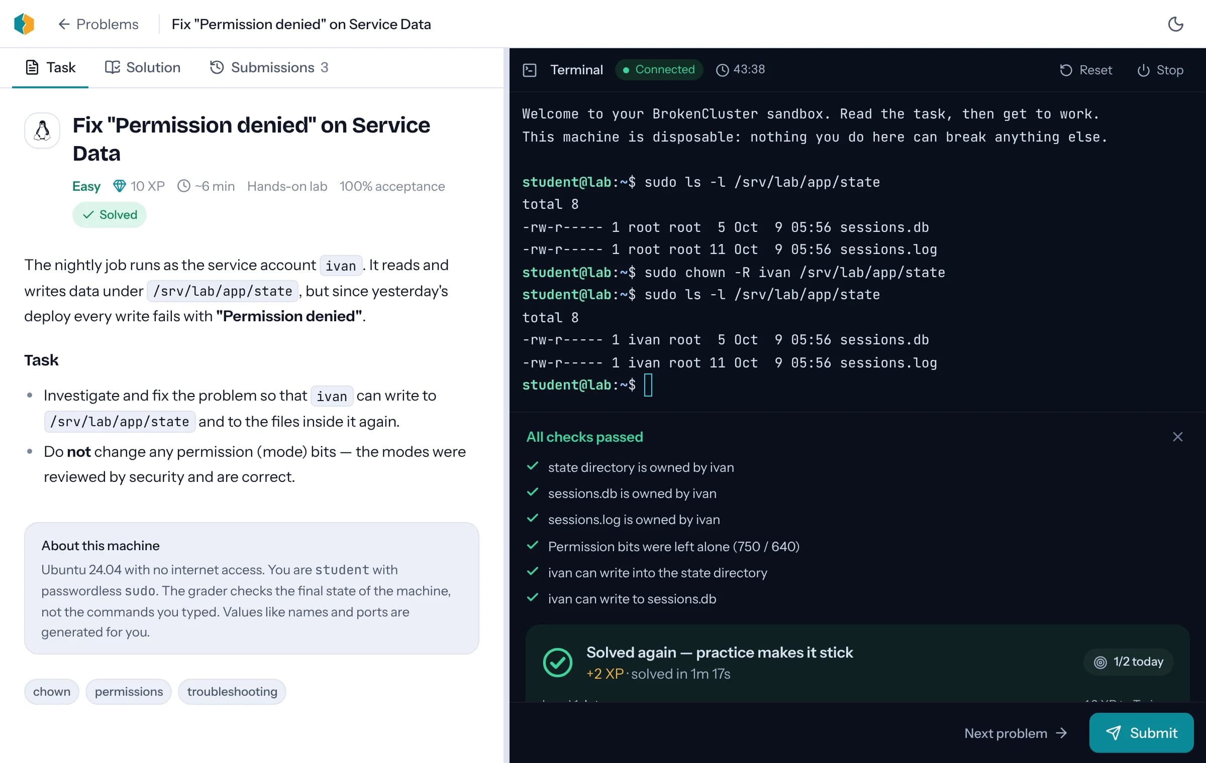 A BrokenCluster lab: the task on the left, a real terminal on the right, every check passed